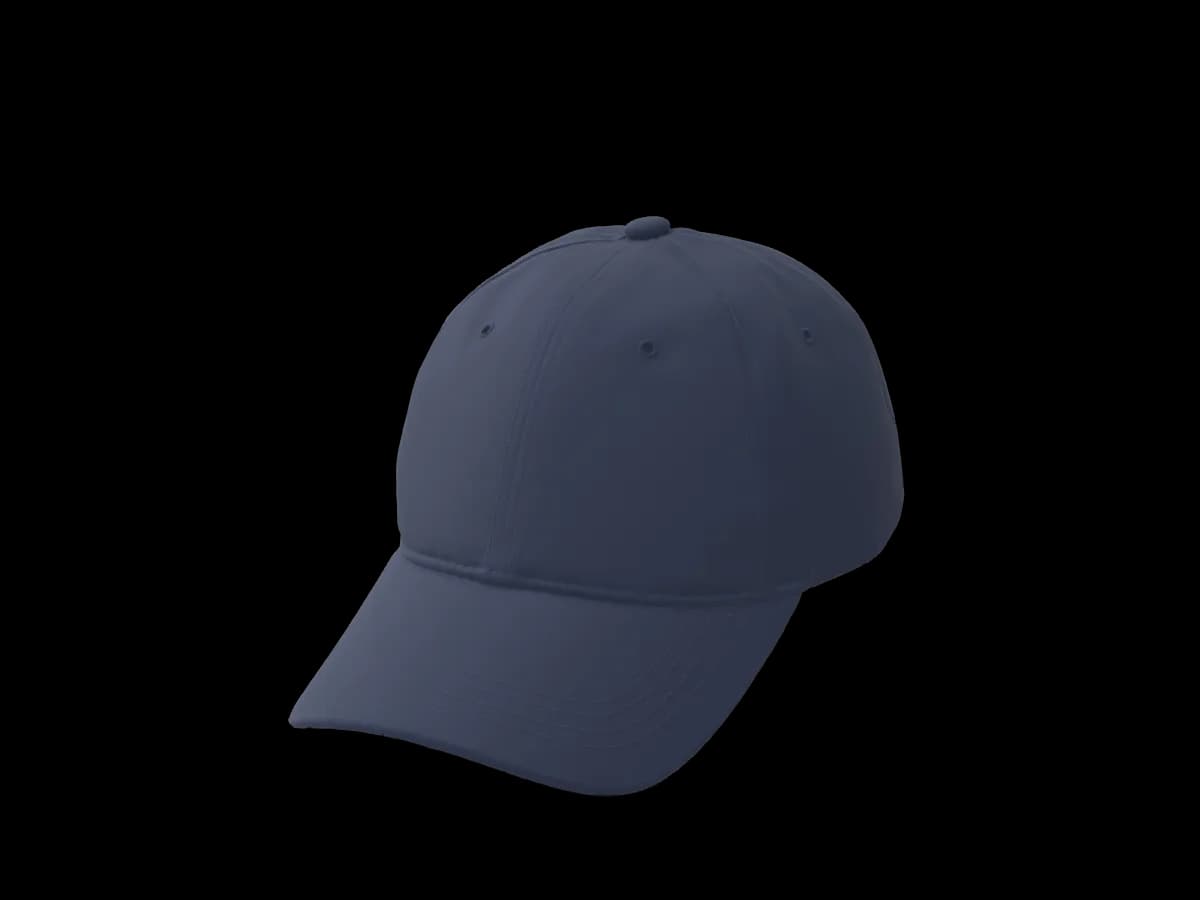 The Reel48 No. 7 dad hat in 3D, navy, from the front