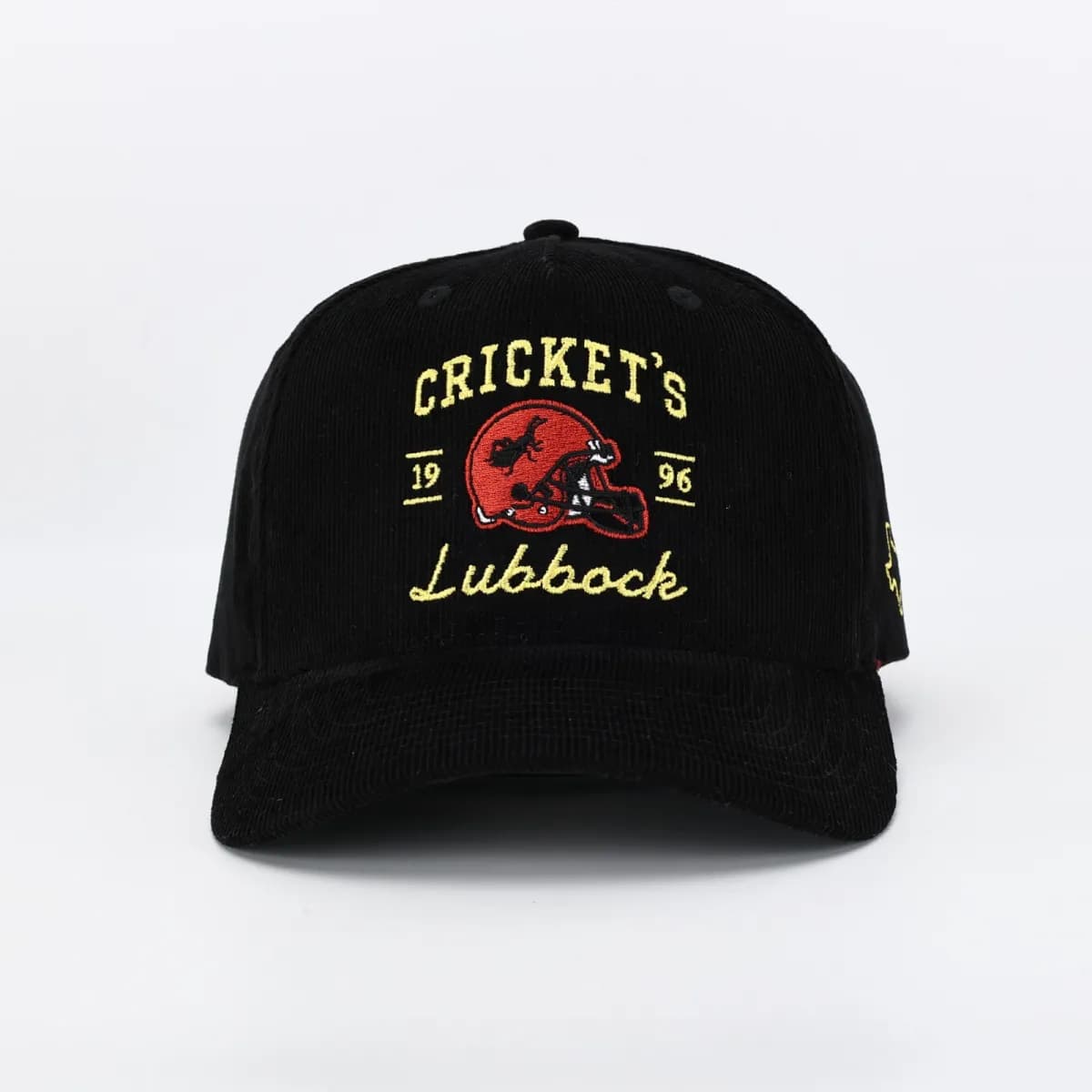 Black corduroy Cricket's Lubbock cap with an embroidered football-helmet logo