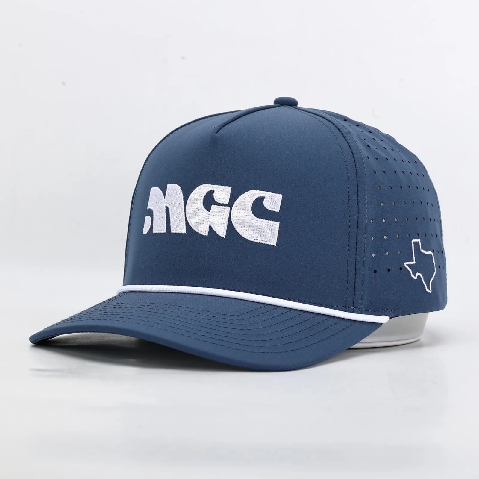 Embroidered MGC wordmark on a navy rope cap