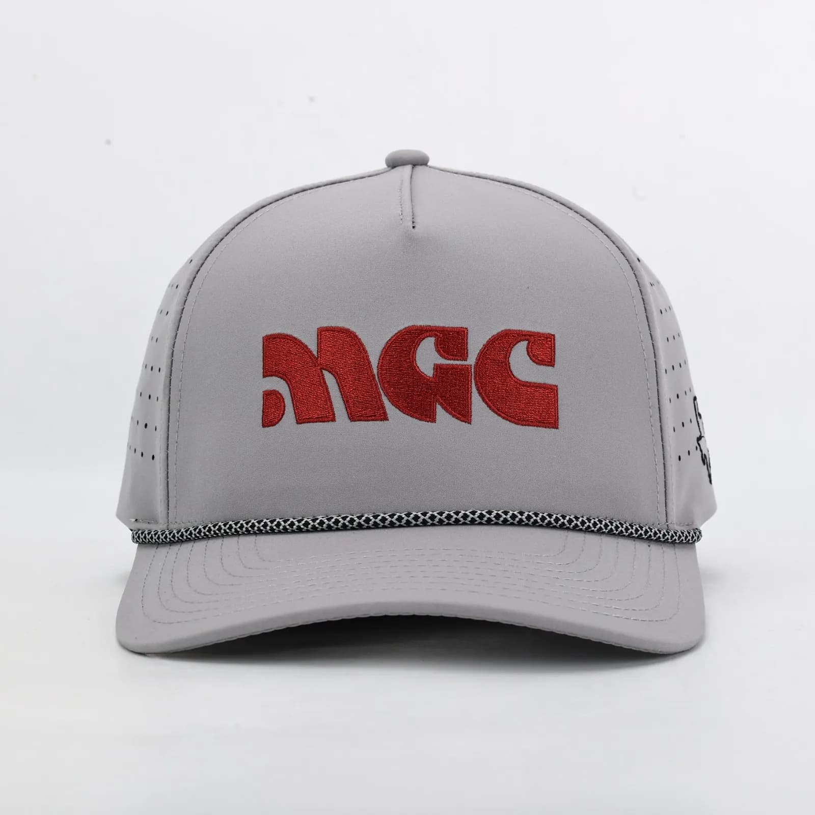 Grey MGC cap with red embroidery and a twisted grey rope across the bill