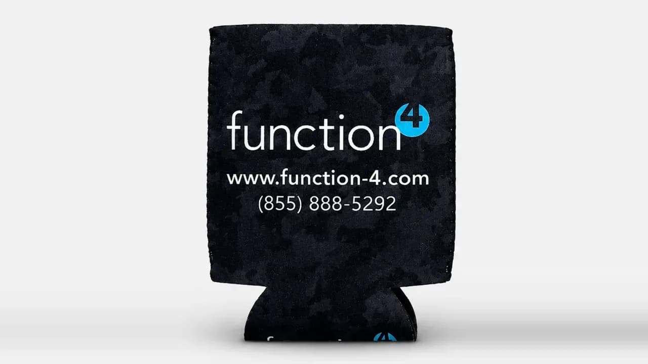A black camo can cooler custom printed with the Function4 logo, website and phone number