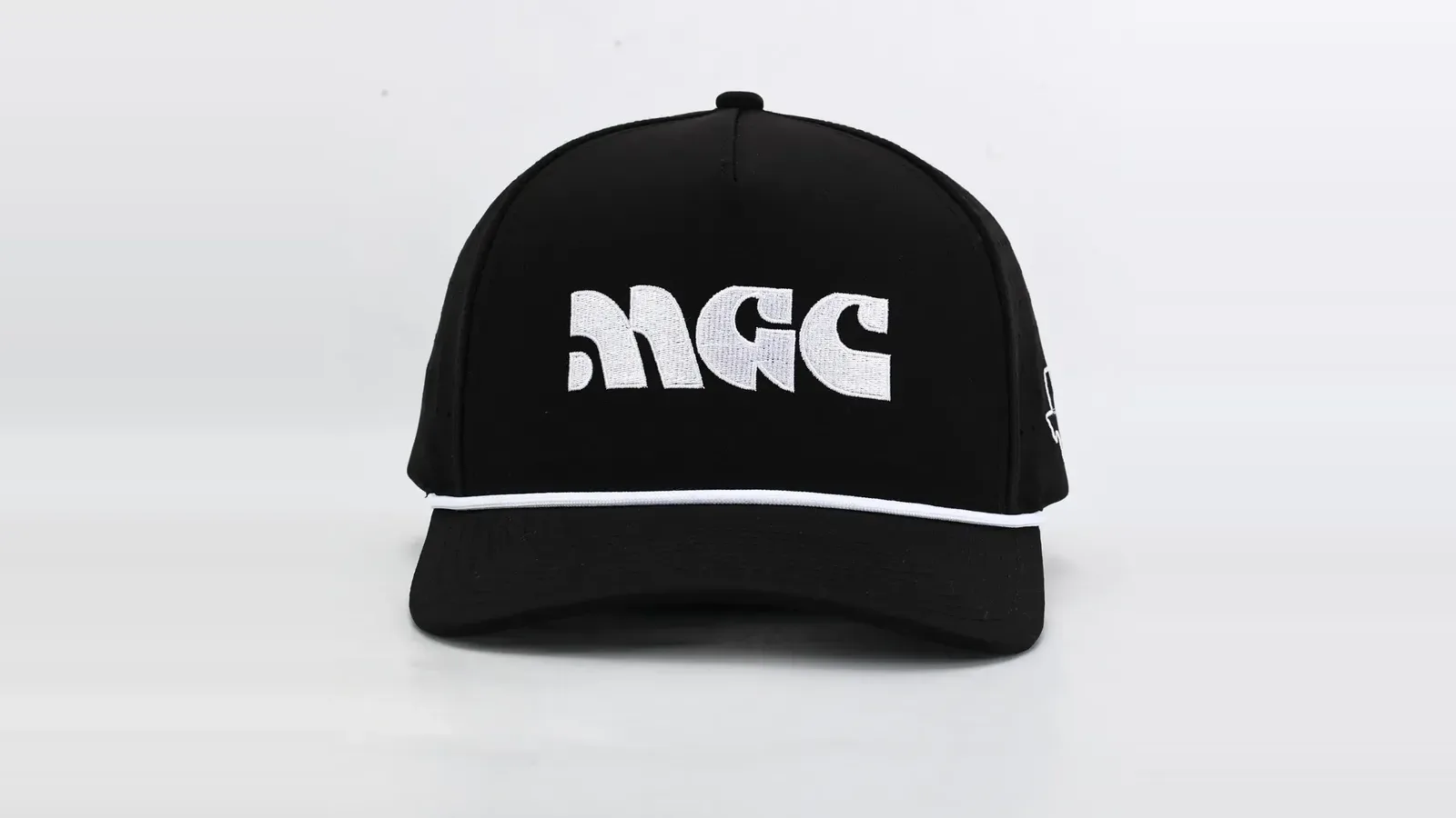 A black rope hat with the MGC logo in raised white embroidery