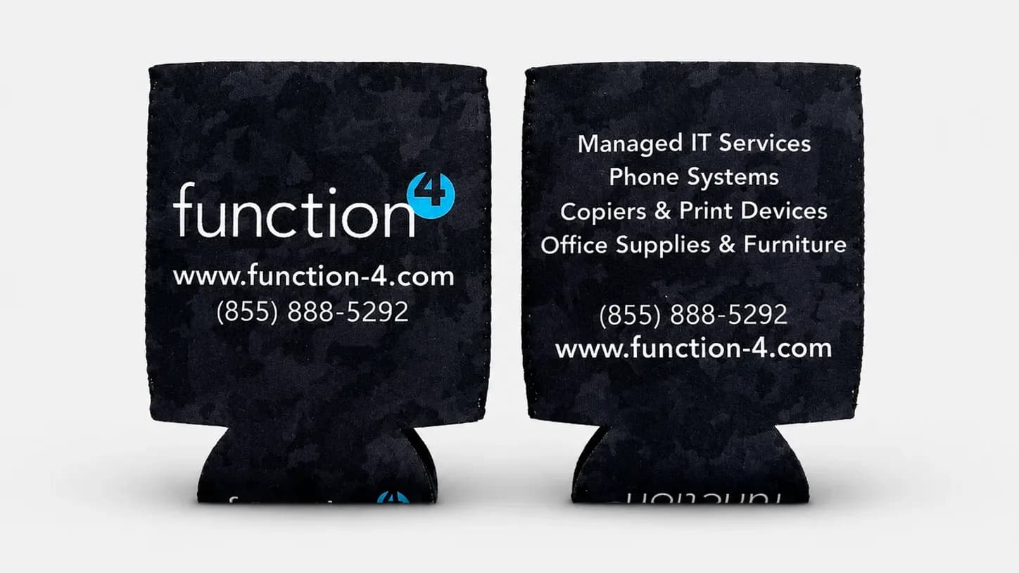 Front and back of a black camo can cooler custom printed for Function4, with the logo, website and phone number