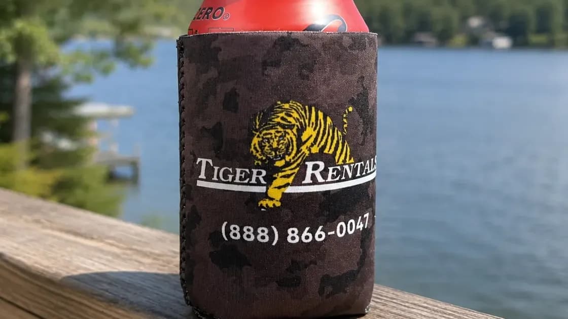 A neoprene can cooler printed with a tiger logo, on a can on a lakeside deck rail