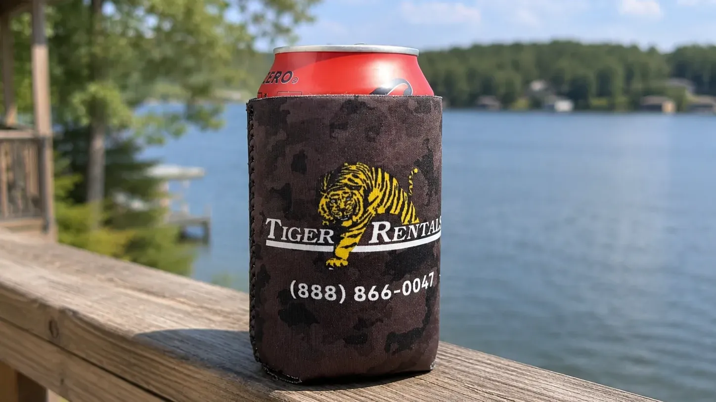 A custom-printed Tiger Rentals can cooler on a soda can, on a deck rail by a lake