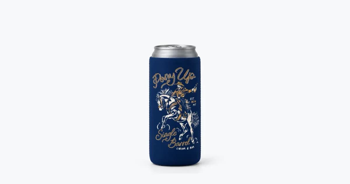Mockup of a custom navy slim can cooler printed with the Single Barrel Liquor & Bar design