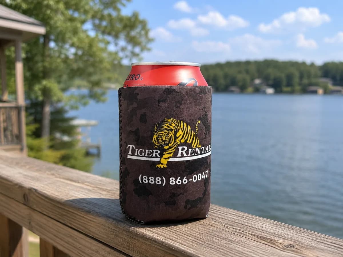 Camo neoprene can cooler with custom Tiger Rentals branding on a lakeside deck rail